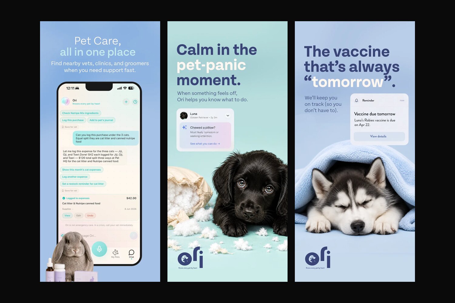 Ori pet companion app store screens: chat, pet-panic triage, vaccine reminder